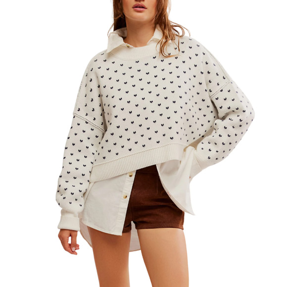 Free People Sweaters - FREE PEOPLE WOMENS SMALL PATTERN EASY STREET CROP PULLOVER SWEATER WHITE NAVY